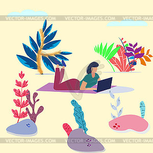 Female freelancer working on laptop in Park in - vector clip art