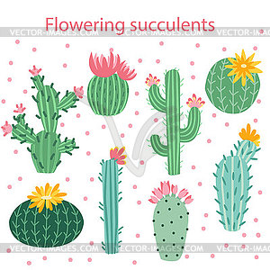 Cactus flower. Bright cacti, aloe leaves, exotic - vector image