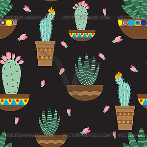 Cactus flowers in ceramic pots with ornaments. - vector image