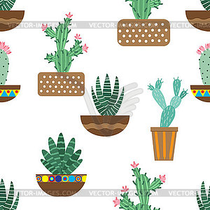 Cactus flowers in ceramic pots with ornaments. - vector clipart