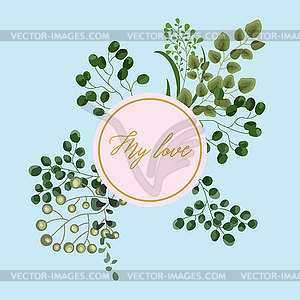 Card floral design with green watercolor fern leave - vector clip art