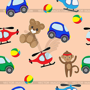 Bear, machine, helicopter and monkey toys. - vector image