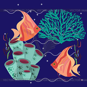 Fantastic cute fish in sea, seaweed and corals - vector clipart