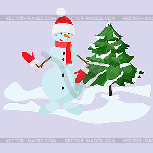 Cheerful festive snowman next to Christmas tree, - vector clip art