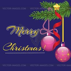 Bright shiny balls, spruce branch and festive - vector clipart