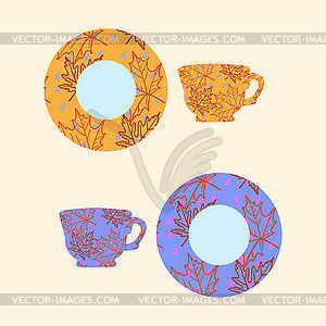 Tea cups and saucers painted with patterns, - vector image