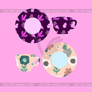 Tea cups and saucers painted with patterns, - vector image