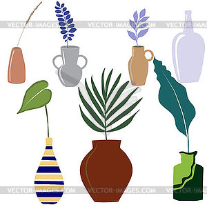 Set of various vessels with exotic plants, - vector image