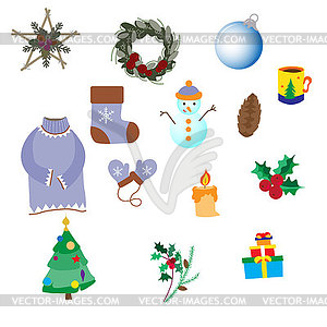 Winter set of decoration items, snowman and - royalty-free vector image