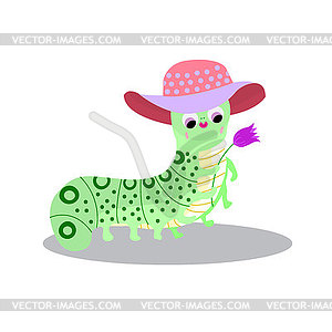 Happy meadow caterpillar in fashionable hat and wit - vector image