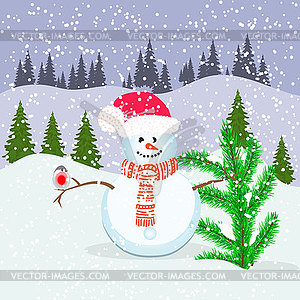 Winter landscape, cheerful snowman and bullfinch - vector image