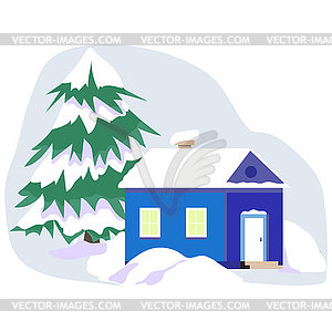 Winter landscape with small house in flat minimalis - vector clip art