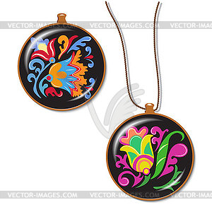 Badge, medallion on string with folk plant ornament - vector clip art