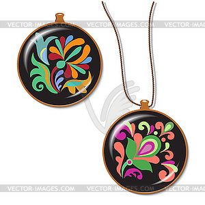 Badge, medallion on string with folk plant ornament - vector clipart