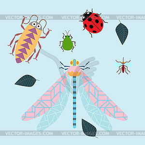 Set of stylized insects - light-winged dragonfly, - vector clip art