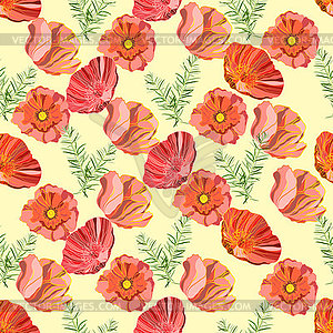 Seamless background with bright poppies and curly - vector image