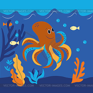 , cheerful octopus lives in deep blue s - vector clip art