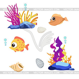 Set of sea inhabitants, fish, plants and animals, - vector clipart