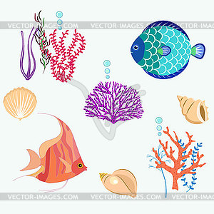 Set of sea inhabitants, fish, plants and animals, - vector image