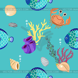 Seamless pattern of sea creatures, fish, algae and - vector image