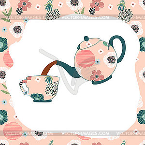 Poster teacup and teapot with beautiful pattern, - vector image