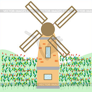 Mill, field of tulips and spring mood, flat - vector clip art