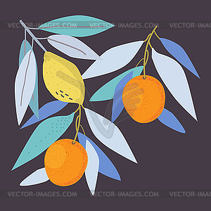 Interior poster, lemon, oranges, branches and leave - vector EPS clipart