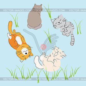 Funny cats playing in clearing, Sketch drawing, - vector image