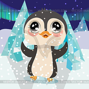 Cute little penguin on an ice floe, it`s snowing. - vector image