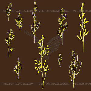 Set of plant and leaf silhouettes, on dar - vector clipart