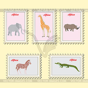 Postage stamps animals of Africa, set - vector image