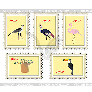 Почтовые марки с изображением птиц и растений Африки, набор - клипарт в векторном виде