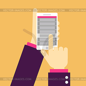 Сотовый телефон с руки, плоский дизайн - векторное изображение EPS