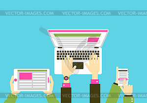 Gadgets with hands flat design - vector clipart