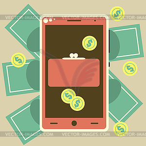 Mobile wallet with money bills and coins - vector image