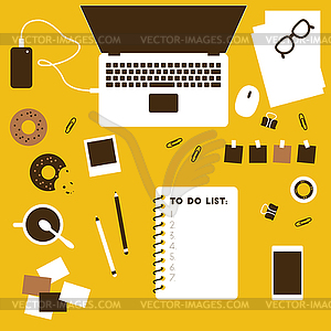 Working table top view with laptop - vector clip art