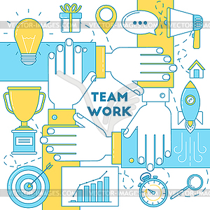 Team work with hands line - vector image