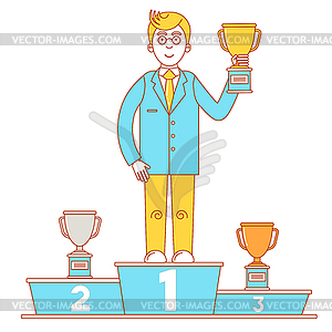 Winner`s podium with businessman who holds gold cup - vector image