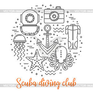 Scuba diving line art background - vector clipart