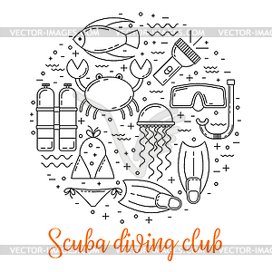 Scuba diving line art background - vector image