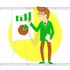 Presentation with businessman and board with graphs - vector clipart