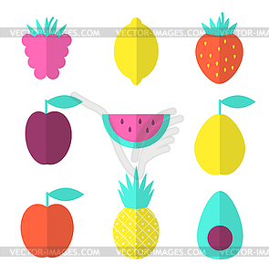 Fruits flat set with raspberry, lemon and watermelon - vector clipart