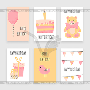 Happy birthday card, greetings and celebration set - vector image