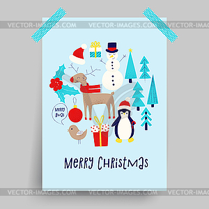 Рождественская открытка со снеговиком - графика в векторном формате