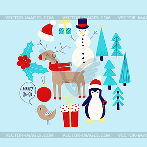 Christmas card with snowman - vector clip art