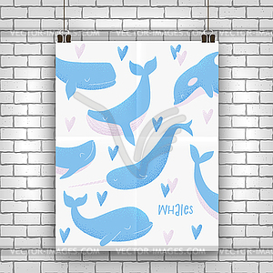 Card with blue whale - vector image