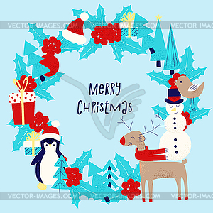 Christmas card with snowman - vector clip art