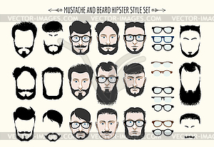 Mustache and Beard Hipster Fashion Set - vector image