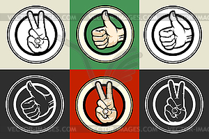 Thumb up and Victory gestures emblem set - vector clip art