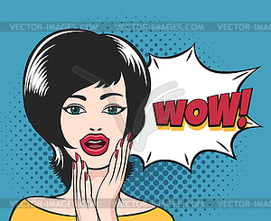 Surprised girl with WOW speech bubble - vector clip art